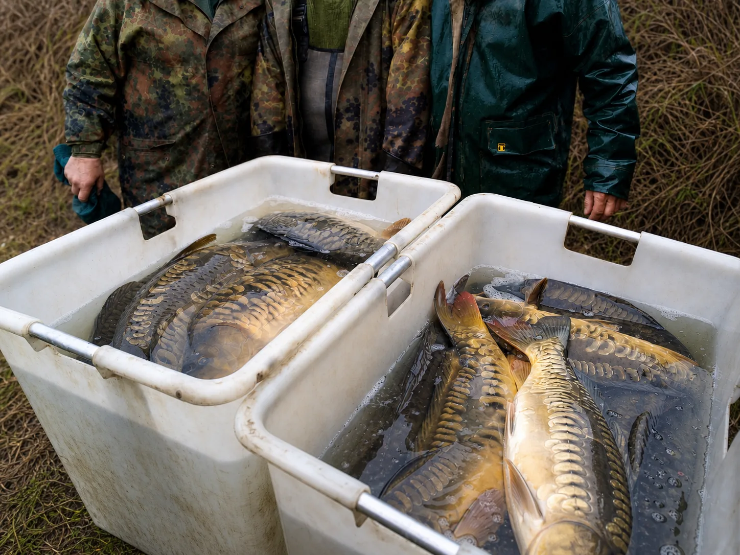 Carpes réparties dans des bacs