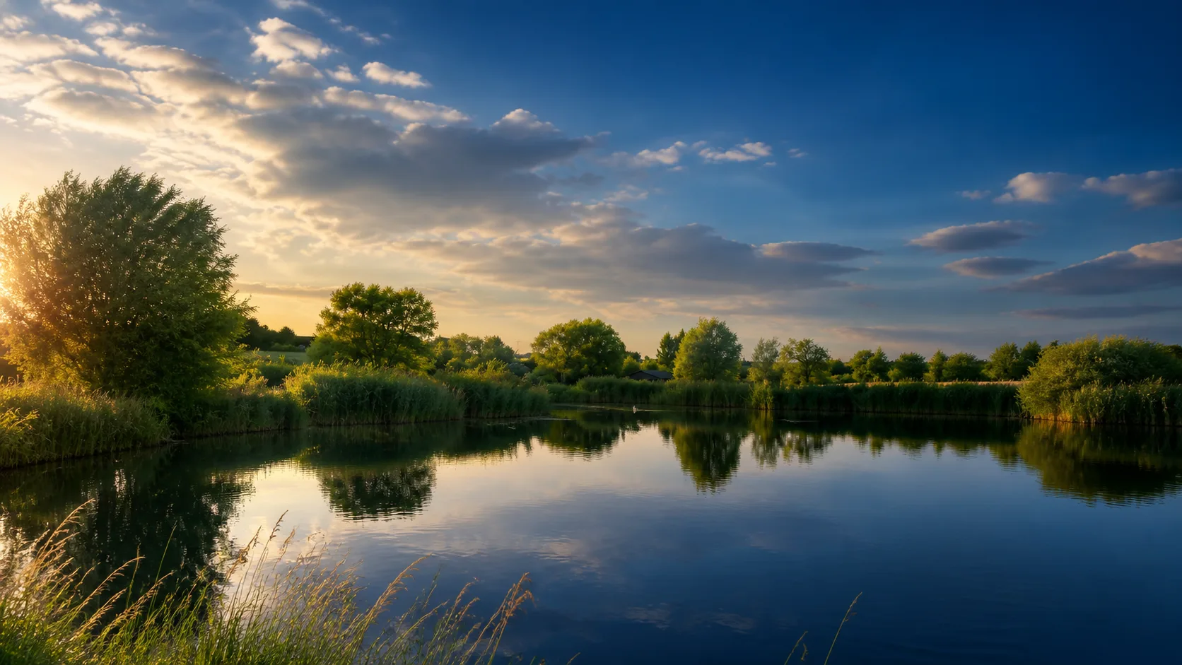 Plan d'eau calme bordé de végétation à la Pisciculture Schambion