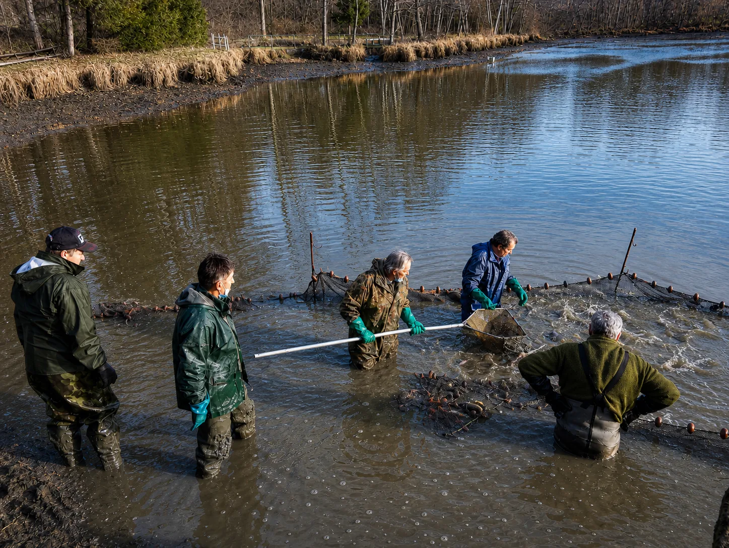Pêche d'étang au filet à la Pisciculture Schambion