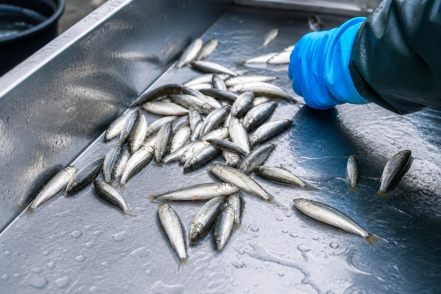 Poissons triés sur une surface de travail humide